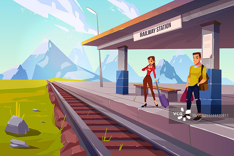 人们在铁路站台上等火车图片素材