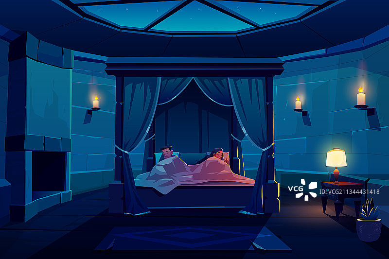 在城堡天篷床上睡觉的年轻夫妇图片素材