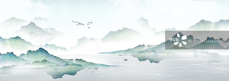 大气蓝色意境山水画图片素材