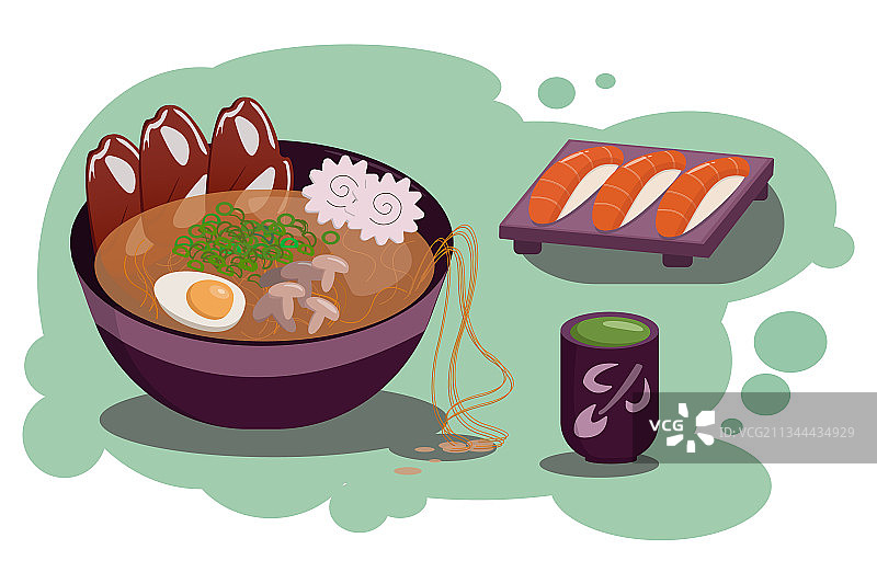 拉面、寿司和中式茶杯图片素材
