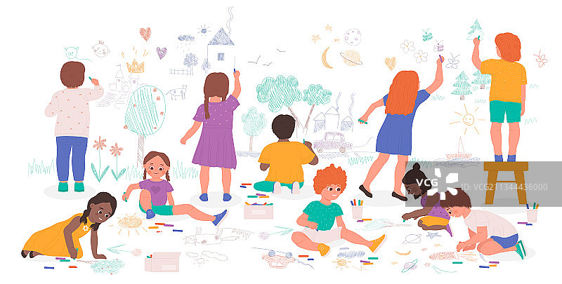 孩子们用粉笔蜡笔快乐地画画图片素材