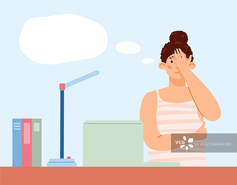 悲伤失望的女孩坐在工作场所图片素材