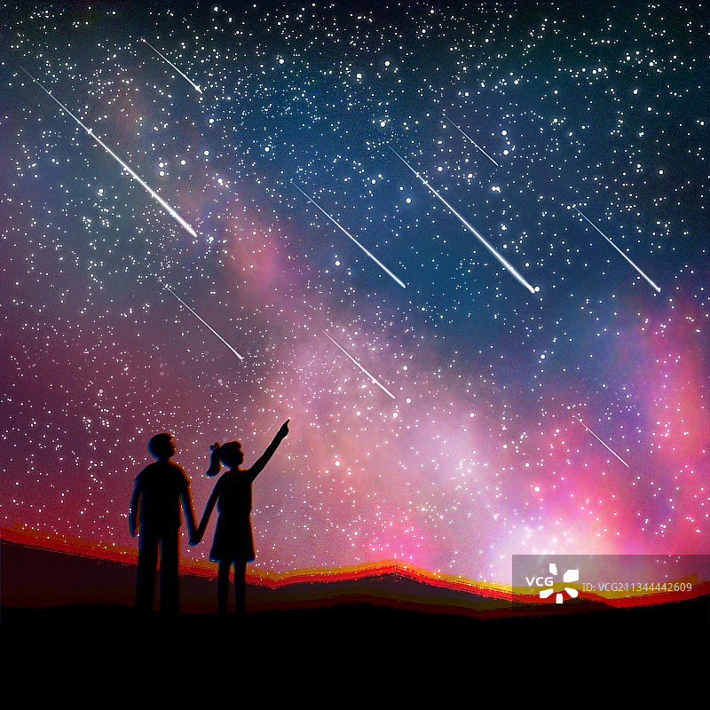 插画,壁纸,星空,极光,流星雨,相伴,星星,情侣,手牵手,图片素材