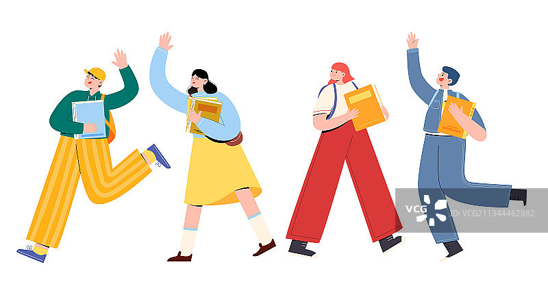 男女学生抱着书开心的打招呼矢量人物插画元素图片素材