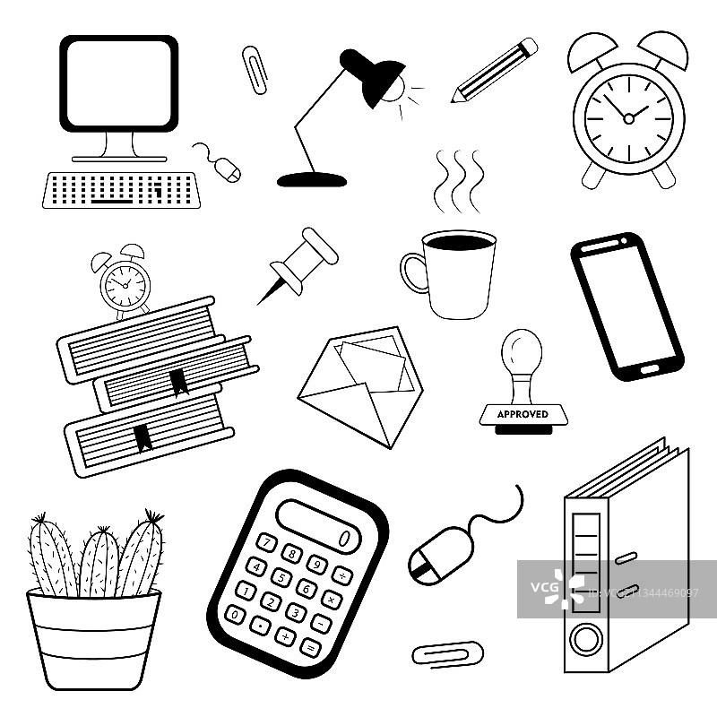 办公室生活黑色线条手绘涂鸦图标集图片素材