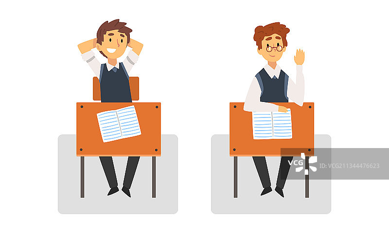 男孩小学生在课桌旁上课图片素材