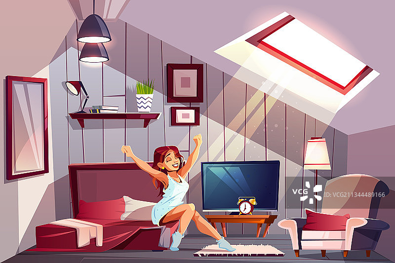在阁楼卧室醒来的女人图片素材