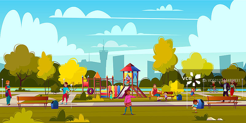 公园里有人的卡通游乐场图片素材