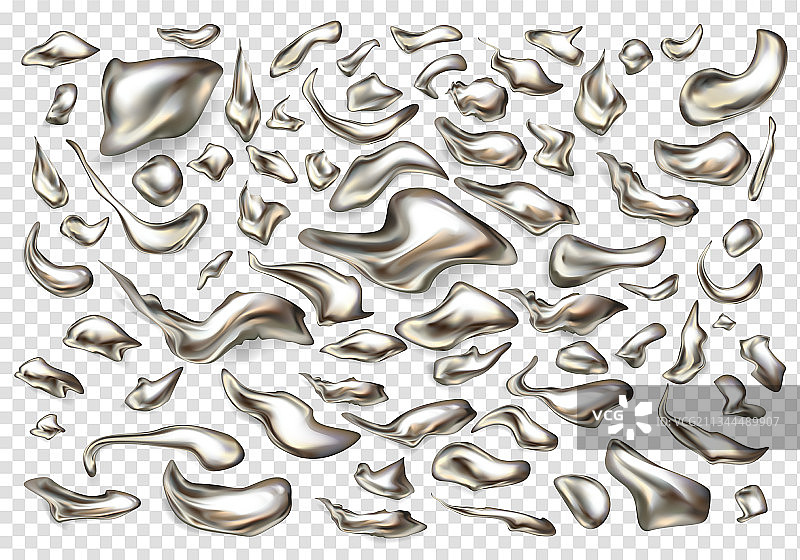 逼真的液态银流体滴套装图片素材