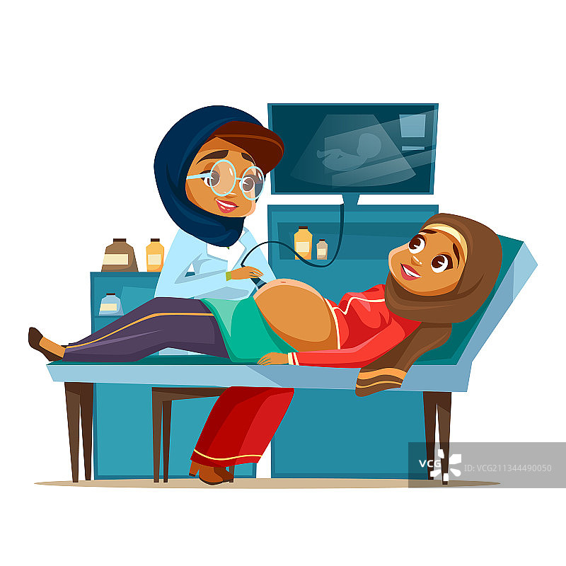 卡通阿拉伯孕妇超声波检查屏幕图片素材