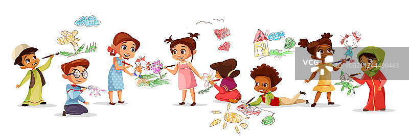 孩子们用不同的铅笔绘画图片素材