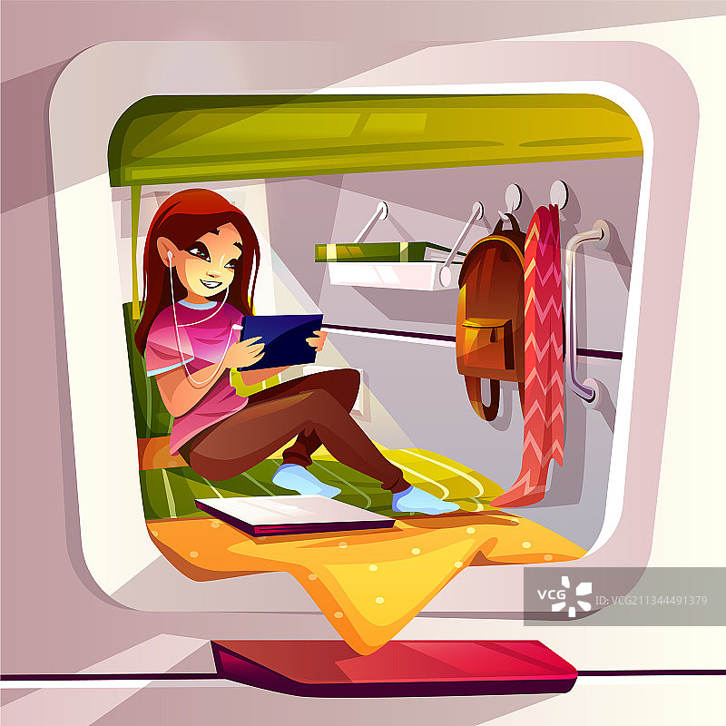 在胶囊旅馆或青年旅社的女孩图片素材