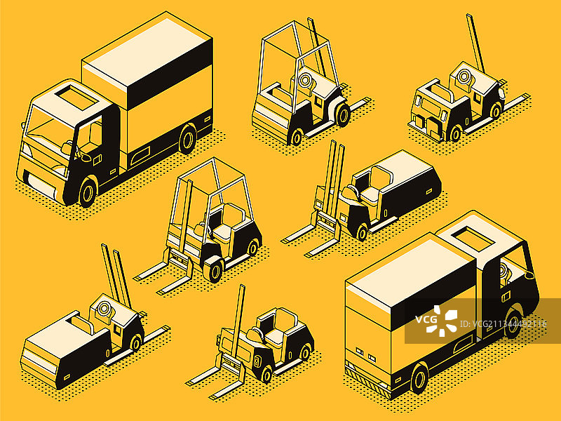 货运卡车与装载机械线条套装图片素材