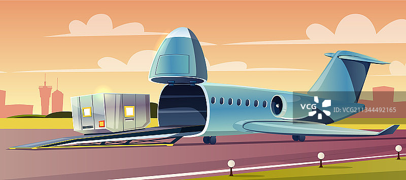 卡通货运飞机上的装货集装箱图片素材