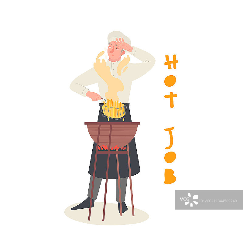 在高温和烟雾中努力工作的炸锅厨师图片素材