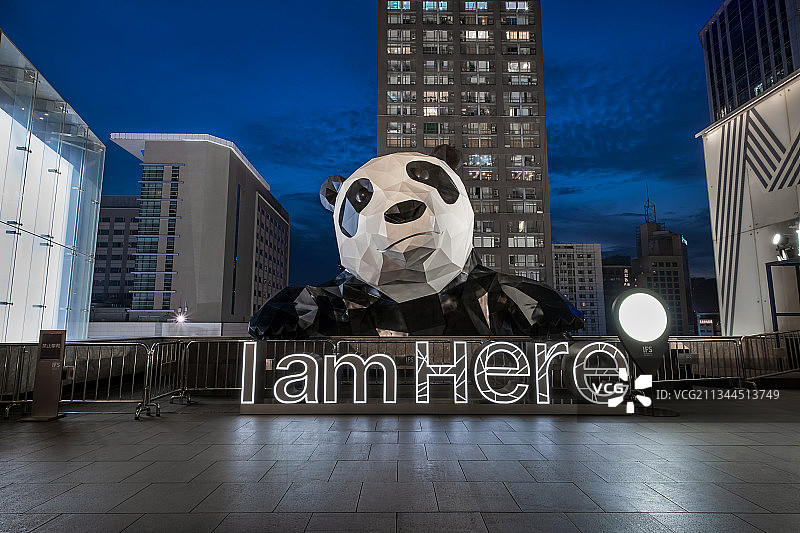 夜晚成都春熙路IFS网红大熊猫雕像图片素材