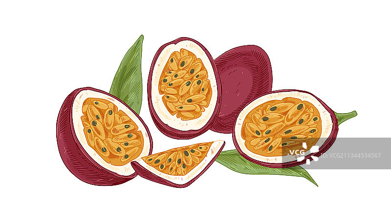 成熟的百香果及其切开的饱满果肉图片素材