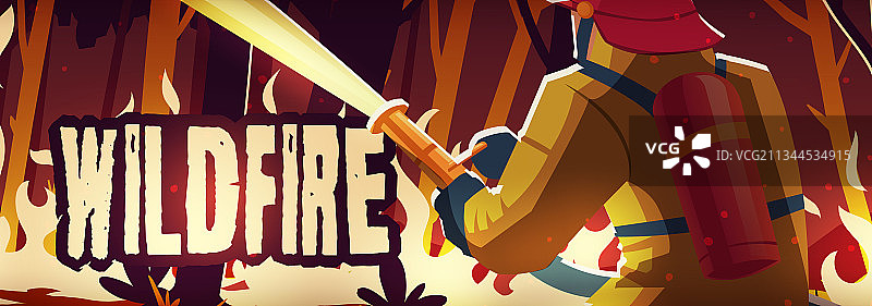 野火主题着陆页：燃烧的森林和消防员图片素材