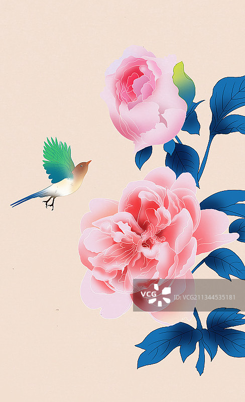 中国风传统绘画中国画工笔花鸟画古风牡丹鲜花鸟背景古风插画图片素材