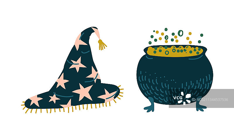 女巫尖顶帽和装有沸腾药水的坩埚图片素材