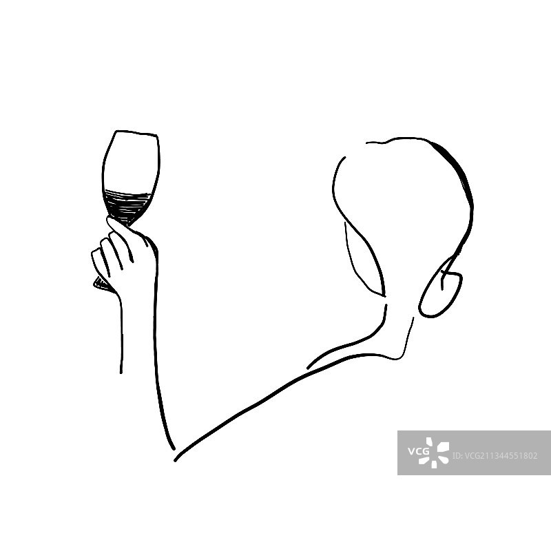 拿着葡萄酒杯线条画的女孩图片素材