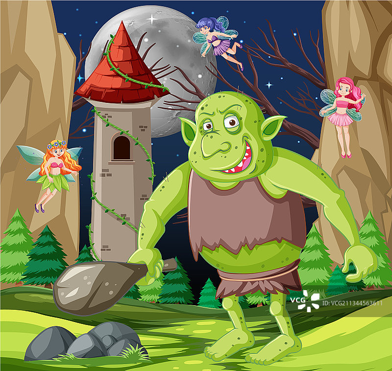 卡通哥布林或巨魔的夜景图片素材