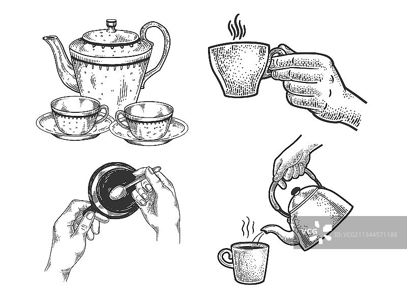 茶杯茶具线条艺术速写图片素材