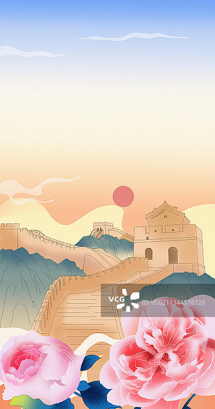 中国风新中式古风北京长城国庆节建军节国家力量团结宣传牡丹插画图片素材