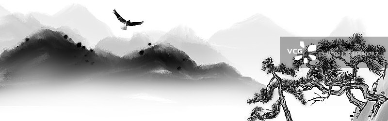 中国风松树背景高山雄鹰设计元素图片素材