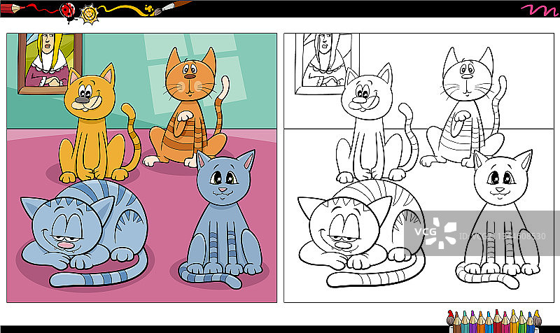 卡通猫和 Kitten 群体涂色书页图片素材