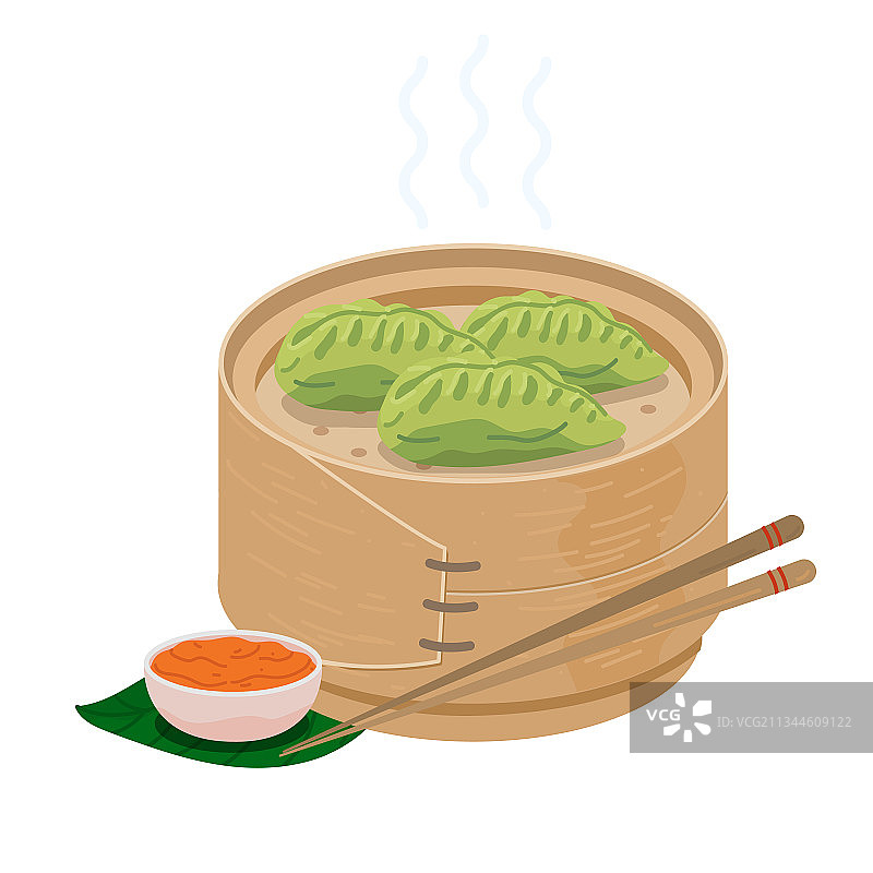 木蒸笼里的绿色馍馍饺子图片素材