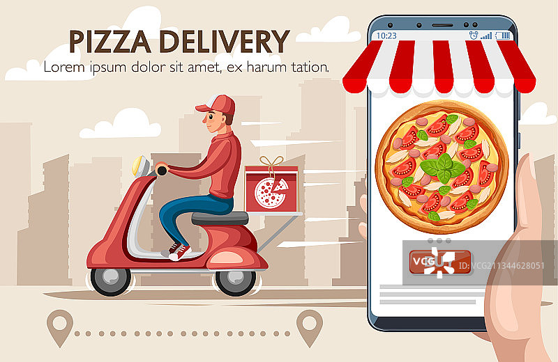 微笑披萨快递员和智能手机图片素材