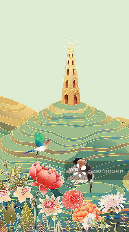 中国风传统古风绘画食品茶叶粮食农村乡下鲜花梯田背景包装插画图片素材