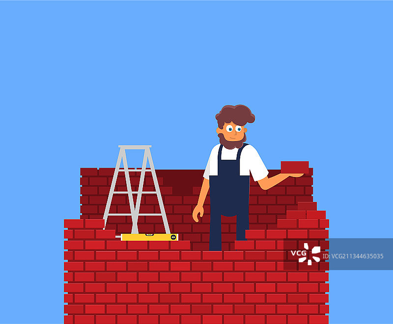 扁平风格青年男子砖块堆垛工与设备图片素材