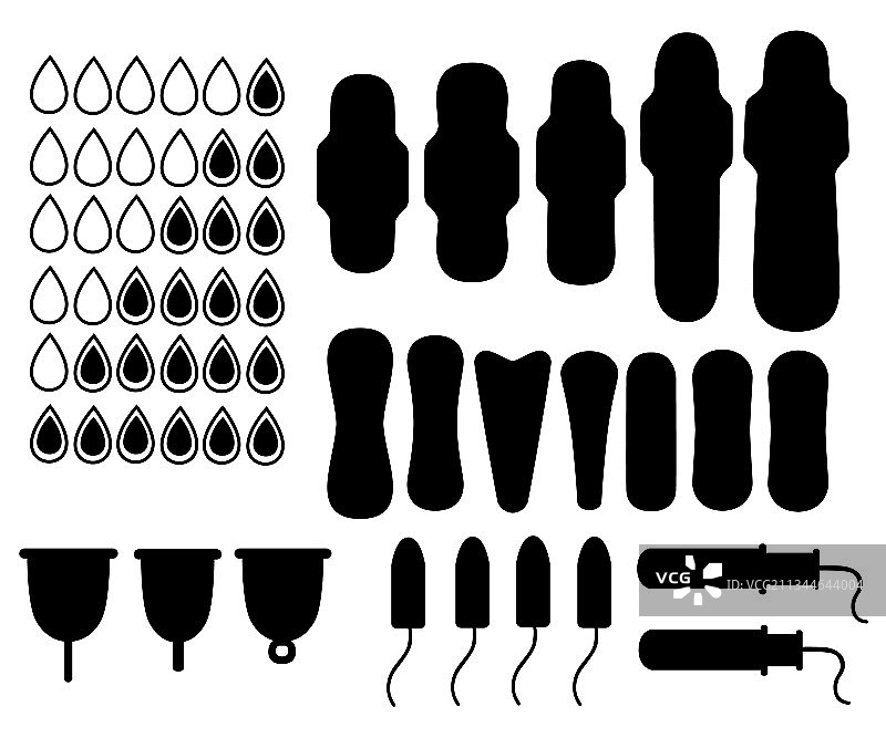 黑色剪影卫生巾和卫生棉条合集图片素材