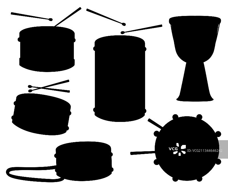 鼓和鼓槌图标集合黑色剪影图片素材