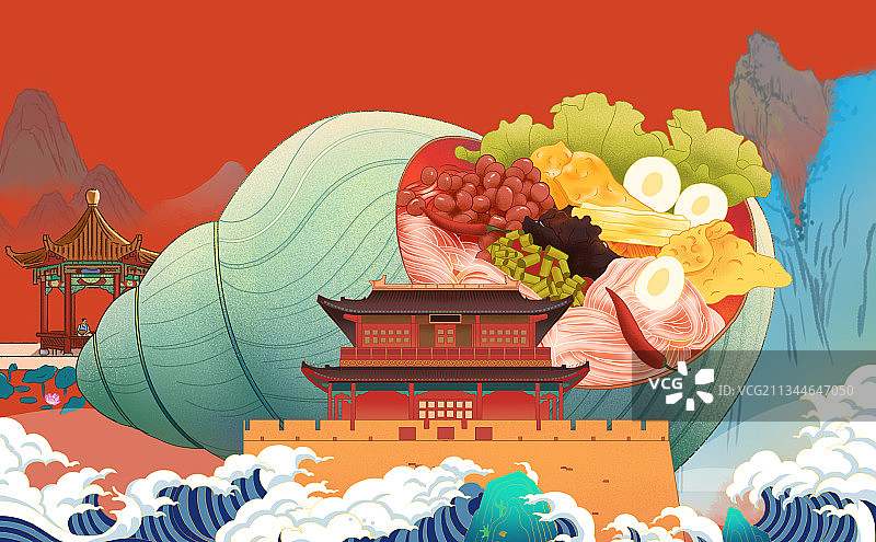 中国风民间美食食物南方广西螺蛳粉粉丝粉条古风柳州背景包装插画图片素材