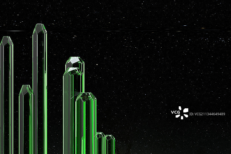 3D渲染具有神秘感的黑夜星空下的水晶宝石图片素材