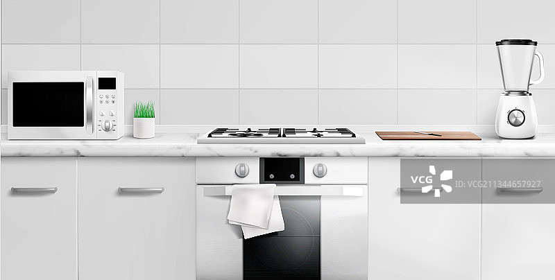 带微波炉燃气灶的厨房台面图片素材