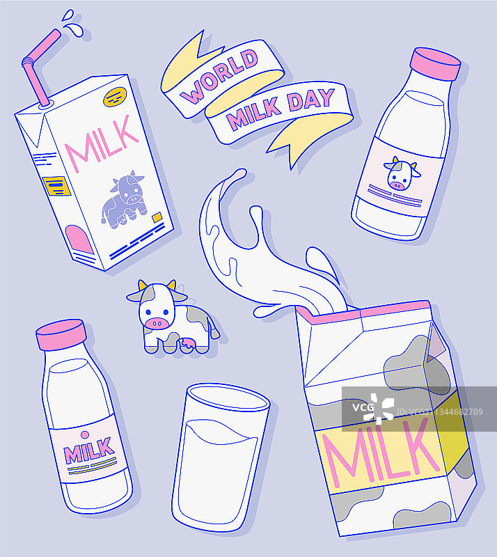 世界牛奶日：牛奶瓶和牛奶盒图片素材
