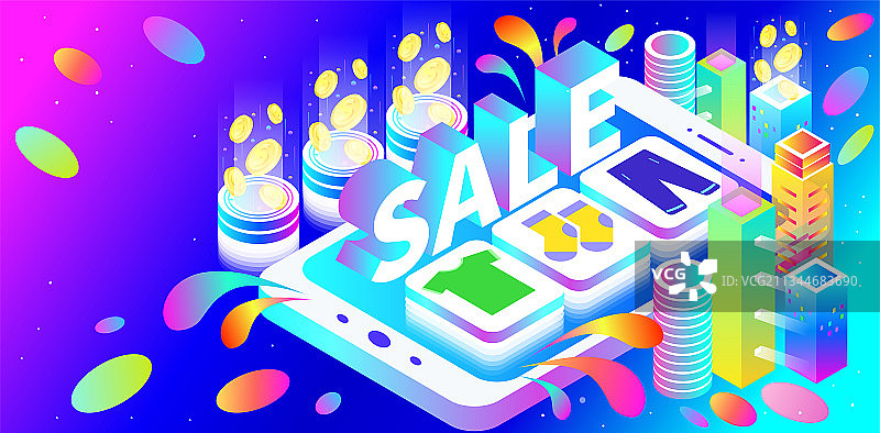 SALE购物狂欢炫彩渐变2.5D矢量插画图片素材