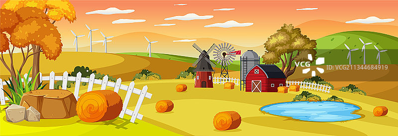 日落时分的农场水平景观图片素材