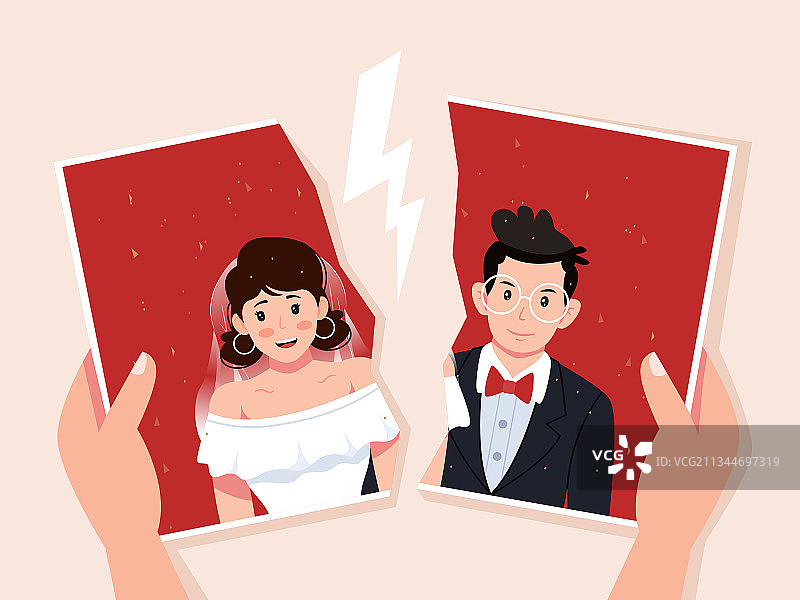两只手把结婚照片撕成两半图片素材