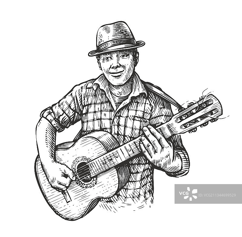男人素描风格弹奏乡村音乐吉他图片素材