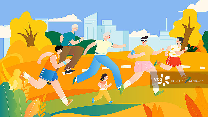 一家三代一起跑步运动矢量插画横图图片素材