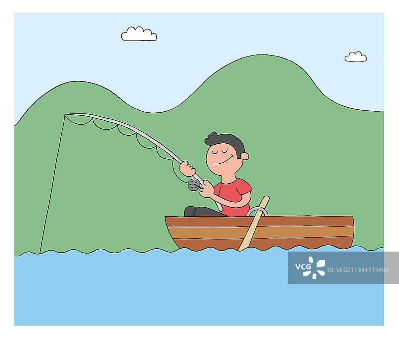 卡通男人在湖或海上用鱼钩钓鱼图片素材