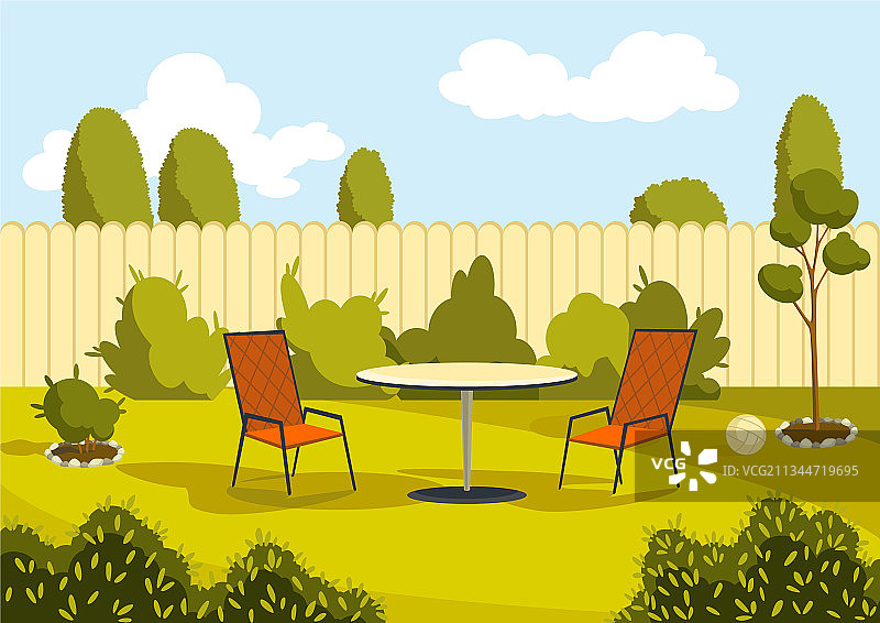 带有卡通桌椅的庭院区，阳光明媚图片素材