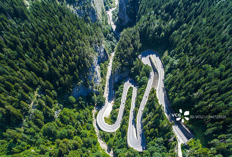 夏季绿林山间弯曲道路航拍视角图片素材