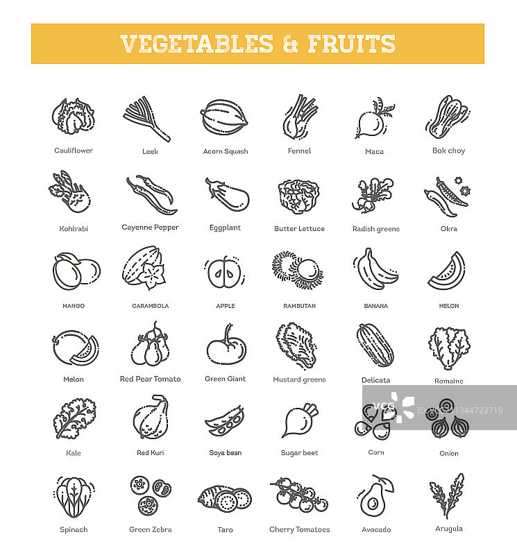 新鲜水果和蔬菜图标集图片素材
