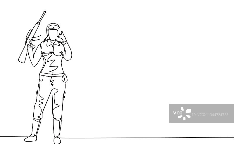 女兵站立连续单线画图片素材